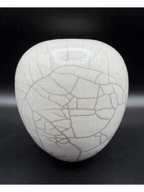 Jeremy Diller Raku Art Pottery White Crackle Glaze Vase 6” Vessel Signed